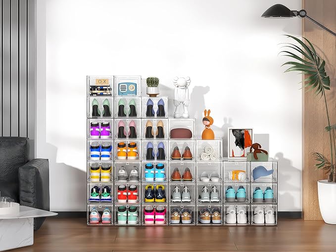 XX-Large Clear Shoe Storage Boxes with Magnetic Door, Thickened Stackable Shoe Organizer 12 Pack, Sneaker Display Case for Closet Organization & Entryway Storage, Dust-Proof Space Saving System, White