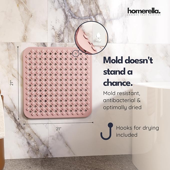 homerella® Shower Mat Non Slip Anti Mold, Non Slip Shower Mats for Inside Shower Stall Anti Slip Mat, Square Shower Floor Mat 21 x 21 in with Suction Cups & Hooks for Quick Drying, Machine Washable