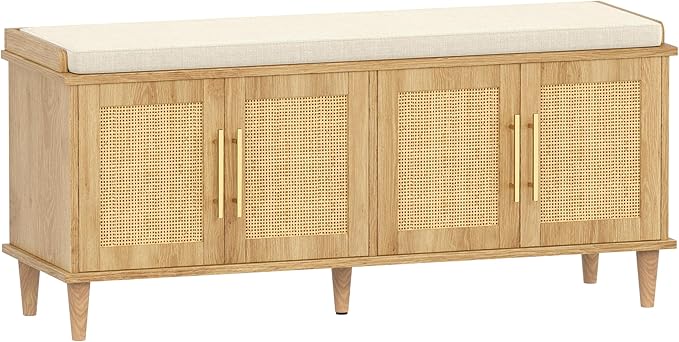 Akxomel Rattan Shoe Storage Bench with Cushion, 2-Tier Entryway Bench with Adjustable Shelves and 4 Doors, 15" D x 47.2" W x 20" H, Solid Wood Legs, for Hallway, Living Room, Bedroom, Natural Oak