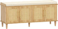 Akxomel Rattan Shoe Storage Bench with Cushion, 2-Tier Entryway Bench with Adjustable Shelves and 4 Doors, 15" D x 47.2" W x 20" H, Solid Wood Legs, for Hallway, Living Room, Bedroom, Natural Oak