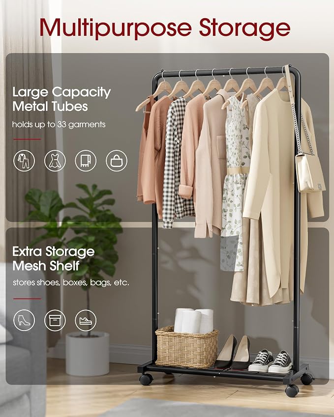 Sakugi Clothes Rack - Clothing Rack with Storage Mesh Shelf & Casters, Heavy-Duty Metal Clothing Rack for Hanging Clothes, Dresses, Coats, Large Load Capacity, Easy Assembly, Black, 28.0"x16.9"x59.0"