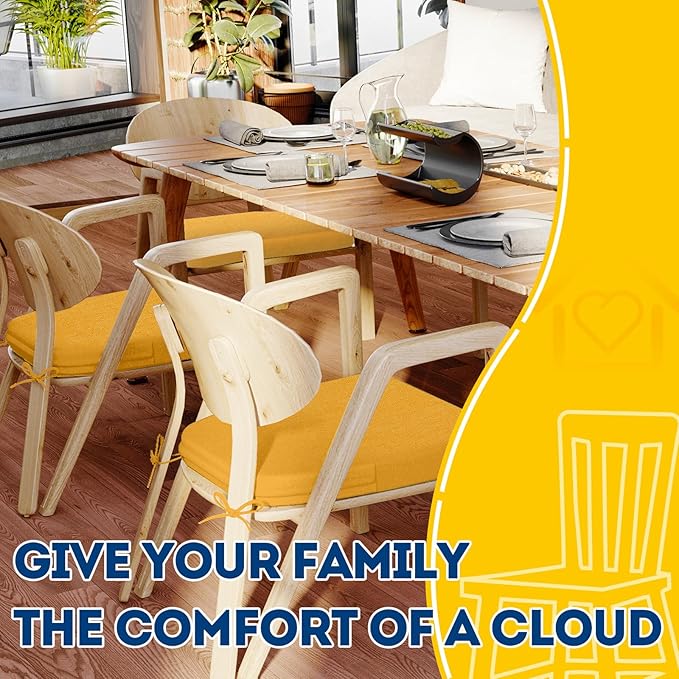 AAAAAcessories D-Shaped Chair Cushions, 2" Thick Dining Chair Pads with Ties and Removable, Machine-Washable Cover, 17" x 16", Set of 2, Golden Orange