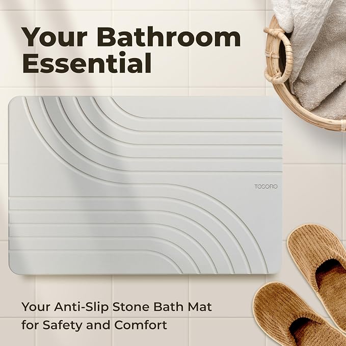 TOSORO - Stone Bath Mat Diatomaceous Earth Shower Mat Non-Slip Super Absorbent Diatomite Stone Bath Mats for Bathroom Floor Quick Drying Natural Easy to Clean (23.5 x 15) - Grey