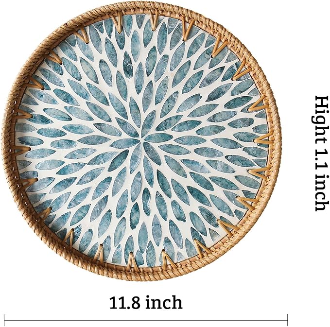 Round Rattan Tray with Mother of Pearl Inlay, Decorative Wicker Serving Tray with Wooden Base, Woven Basket Trays for Bread Fruits Coffee, Light Blue