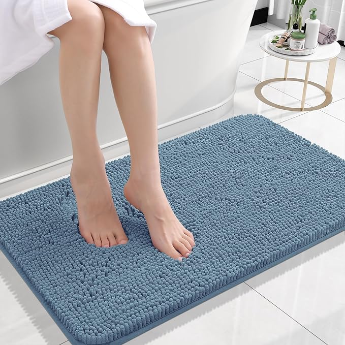 OLANLY Small Bathroom Rugs 24x16, Extra Soft Absorbent Chenille Bath Rugs, Rubber Backing Quick Dry, Machine Washable Bath Mats for Bathroom Floor, Tub and Shower, Home Decor Accessories, Airy Blue