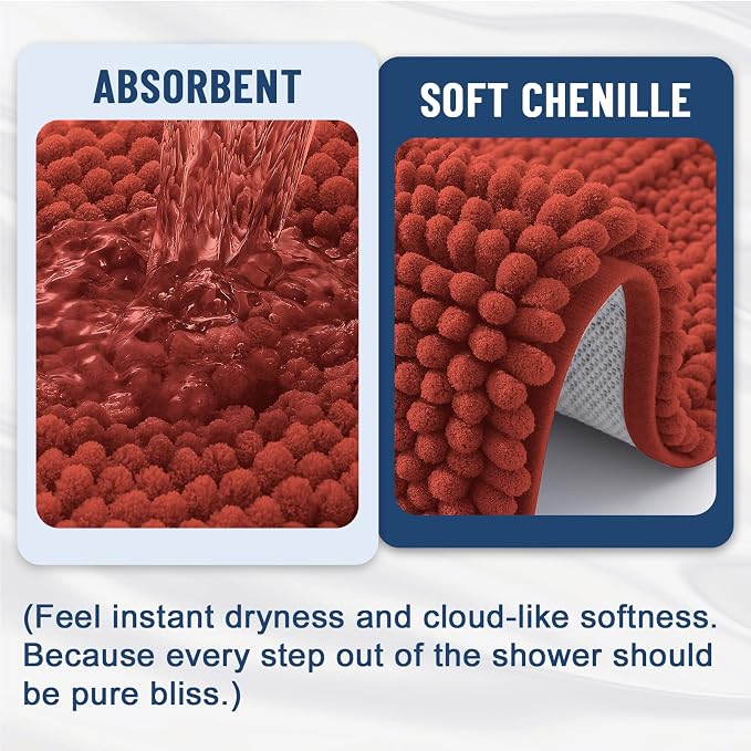 Grandaily Chenille Striped Bathroom Rugs 36x24, Extra Thick and Soft Absorbent Bath Mats, Rubber Backing, Plush Shaggy Shower Carpet, Machine Wash Dry, Bath Rug for Bathroom, Rustic Terracotta