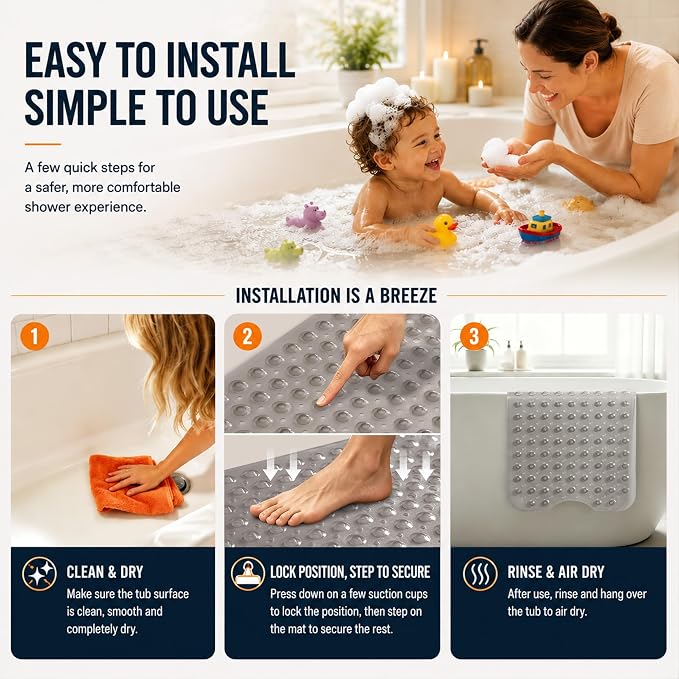 Yimobra Non Slip Bathtub Mat 40 x 16 Inch, Extra Long Shower Mat with Drain Holes, Machine Washable Baby Bath Mats, Strong Suction Cups for Bathroom Floor, Clear Grey