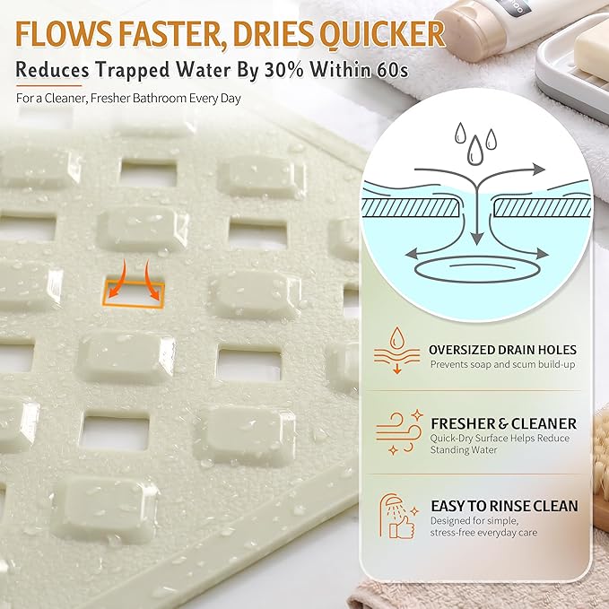 Yimobra Bathtub Mat Non Slip, Super Strong Suction Cups, 28"X16" Long Shower Mat with Drain Holes, Machine Washable Fast Draining Bath Mats, Bathroom Essentials,Beige