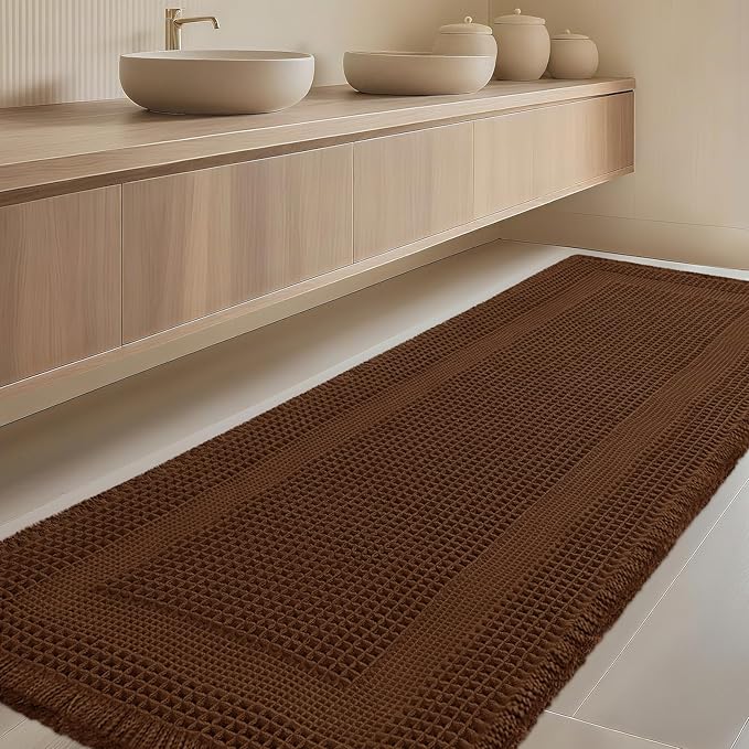 Extra Large Waffle Bath Mat, Boho Woven Modern Bath Rug Absorbent Non Slip, Ultra Soft Bathroom Mats, Machine Washable Knit Bath Rugs with Tassels for Bathroom, Bedroom, Kitchen, Shower, 6'x2', Brown