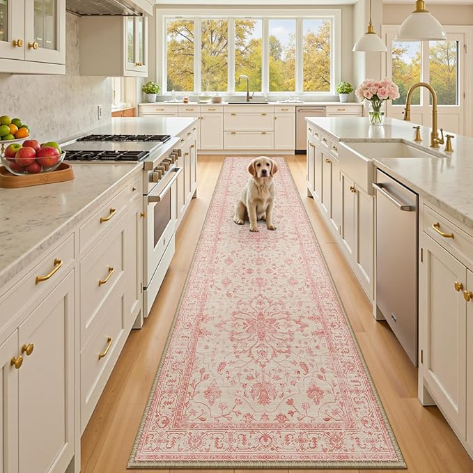 RELEANY Area Rugs Runner 2'x10' Washable Non-Slip, Floral Vintage Distress Medallion Carpet for Kitchen Hallway Bedroom Beside Laundry Room Bathroom, Pink Light Vintage Pink