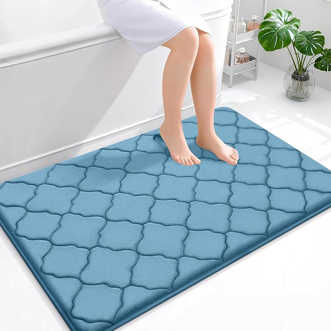 OLANLY Memory Foam Bath Mat Rug 47x32, Ultra Soft and Absorbent Bathroom Rugs, Non-Slip, Comfortable, Machine Washable Bath Carpet for Bathroom Floor, Tub, Shower and Home Decor Accessories, Blue