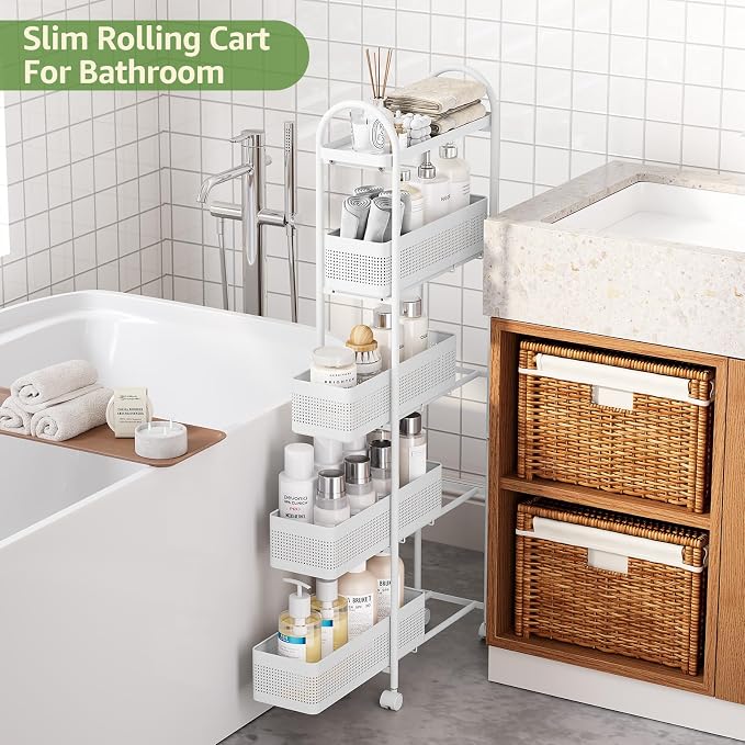 KINGRACK 5-Tier Slim Storage Cart with Pull Out Basket, Rolling Bathroom Organizer Utility, Metal Shelving Unit Slide Out, Lockable Wheels, Easy Assembly for Narrow Place, Kitchen, Laundry Room, White