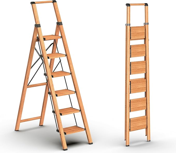 6 Step Ladder for 12ft High Ceiling, Lightweight Aluminum Folding Step Stool with Convenient Handgrip, Stepladders with Anti-Slip and Wide Pedal for Home and Kitchen Use - Woodgrain (300 lbs)
