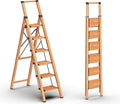 6 Step Ladder for 12ft High Ceiling, Lightweight Aluminum Folding Step Stool with Convenient Handgrip, Stepladders with Anti-Slip and Wide Pedal for Home and Kitchen Use - Woodgrain (300 lbs)