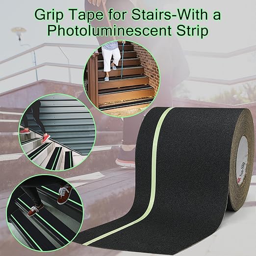 S&X Anti Slip Tape 6 Inch x 60 Ft, 2X Longer Heavy Duty Grip Tape with Glow-in-Dark Strip, Outdoor Stair Treads Non-Slip for Steps, Ramps, Boats, Decks, Non-Skid Safety, Long-Lasting