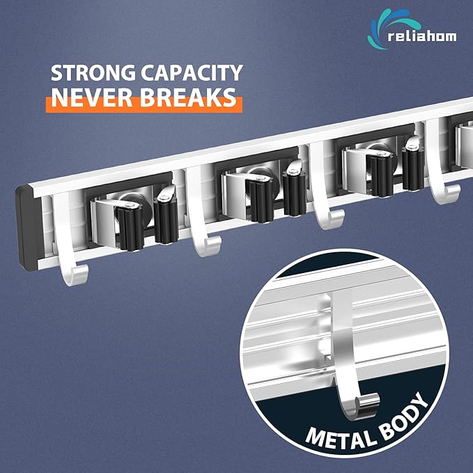 reliahom Broom Holder Wall Mount, 4 Racks with 5 Hooks Black - Mop Storage Tool Racks, Broom Hanger Tool Organizer for Garage, Kitchen, Garden, Laundry Room