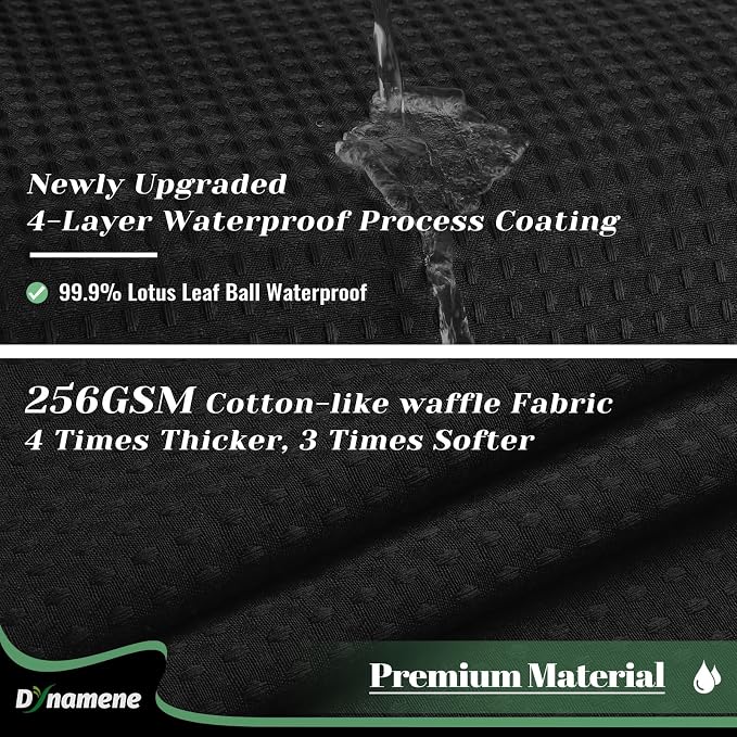 Dynamene Fabric Shower Curtain with Snap in Liner, Black Waffle Hotel Shower Curtains for Bathroom, Washable Waterproof Cloth Shower Curtain Liner Set with Plastic Hooks, Mesh Top Window, 72x72