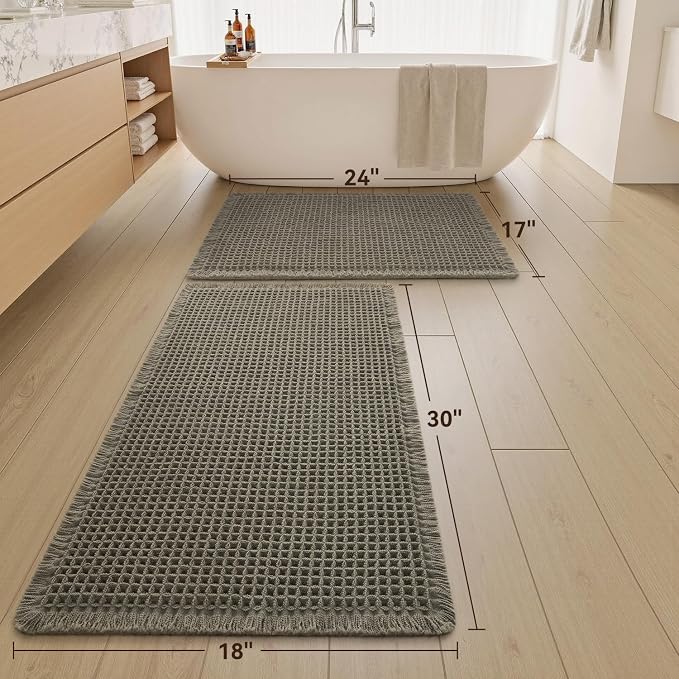 Upgraded Waffle Bath Mat Set of 2, Super Absorbent Non Slip Bath Mats for Bathroom Floor, Washable Boho Bathroom Rugs Set 2 Piece with Tassels, Soft Bathroom Mat Set, 17" x 24" +18" x 30", Green