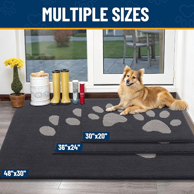 Smiry Dog Door Mat for Muddy Paws, Absorbs Moisture and Dirt, Low-Profile Entryway Mat with Non-Slip Backing, Entry Indoor Outdoor Doormat for Inside Floor (59x20 Inches, Dark Grey, Paw)