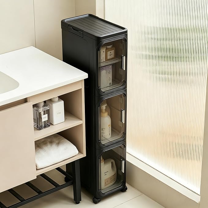 UFORU 3-Tier Tall Narrow Storage Cabinet- Plastic Slim Bathroom Storage Organizer with Magnetic Doors,Adjustable Shelves&Movable Wheels, Foldable Skinny Cabinet for Small Spaces,Kitchen, Black