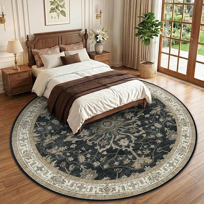 RELEANY Area Rugs Round 10ft Washable Non-Slip, Floral Vintage Distress Medallion Carpet for Living Room Bedroom Dining Room, Vintage Black Brown Neutral