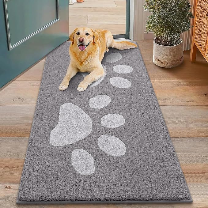 Smiry Dog Door Mat for Muddy Paws, Absorbs Moisture and Dirt, Low-Profile Entryway Mat with Non-Slip Backing, Entry Indoor Outdoor Doormat for Inside Floor (48x30 Inches, Light Grey, Paw)