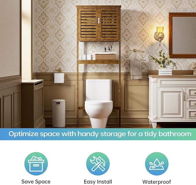 SMIBUY Bathroom Storage Shelf with Cabinet, Bamboo Over-The-Toilet Organizer Rack, Freestanding Toilet Space Saver with 3-Tier Adjustable Shelves (Walnut)