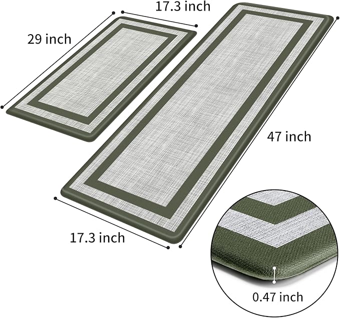 Mattitude Kitchen Mats Set of 2 Cushioned 0.47 inch Thick Rugs Non-Skid Waterproof Mats and Ergonomic Comfort Standing for Floor, Office, Sink,Laundry,Green