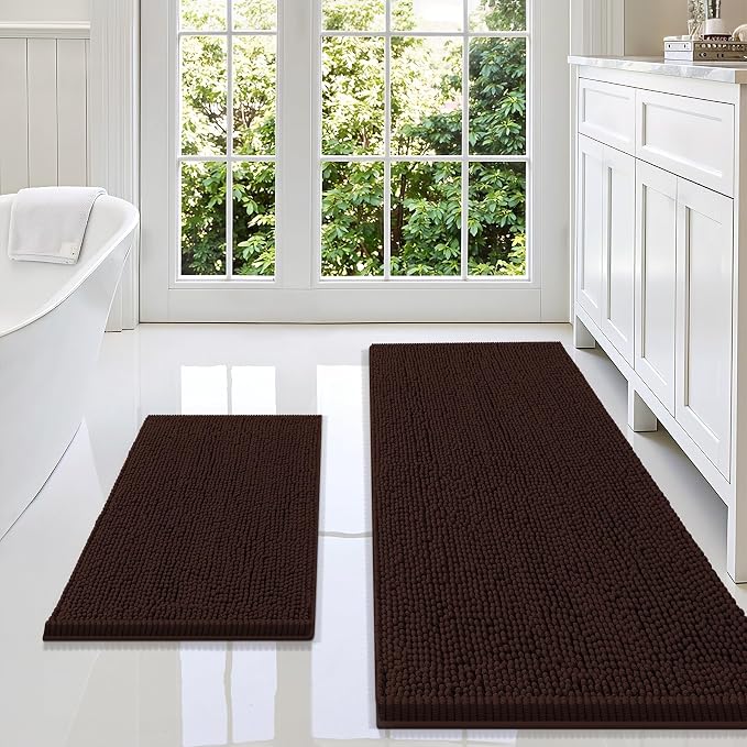 Smiry Bathroom Rugs Sets 2 Piece, Soft Absorbent Chenille Machine Washable Non Slip Shaggy Bath Rug Set for Tub, Shower, and Floor (59x20+24x16, Brown)