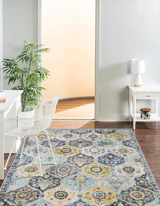 Lahome Moroccan Trellis Washable Area Rugs 5x7, 5x7 Area Rugs for Living Room Bedroom, Indoor Non-Slip Large Oriental Throw Carpet for Kitchen Entryway Bathroom Office Elise, Yellow/Aqua