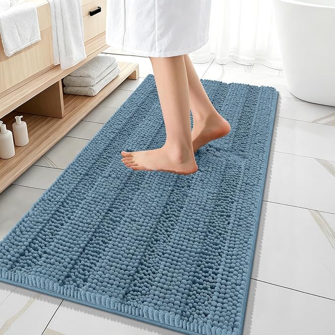 OLANLY Thick Bathroom Runner Rugs 47x20, Extra Absorbent Chenille Striped Bath Rugs, Rubber Backing, Machine Wash Dry, Long Bath Mats for Bathroom, Tub and Shower, Home Decor Accessories, Airy Blue