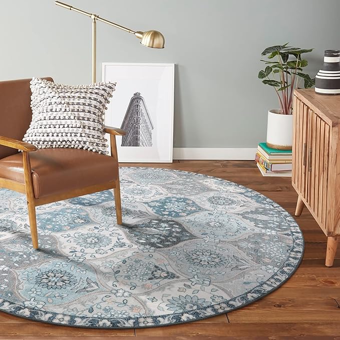 Lahome Moroccan Washable Round Area Rug, Soft Vintage Round Rugs 6ft Ultra-Thin Non-Slip, Distress Large Circle Carpet for Dining Room Living Room Bedroom Elise, Blue