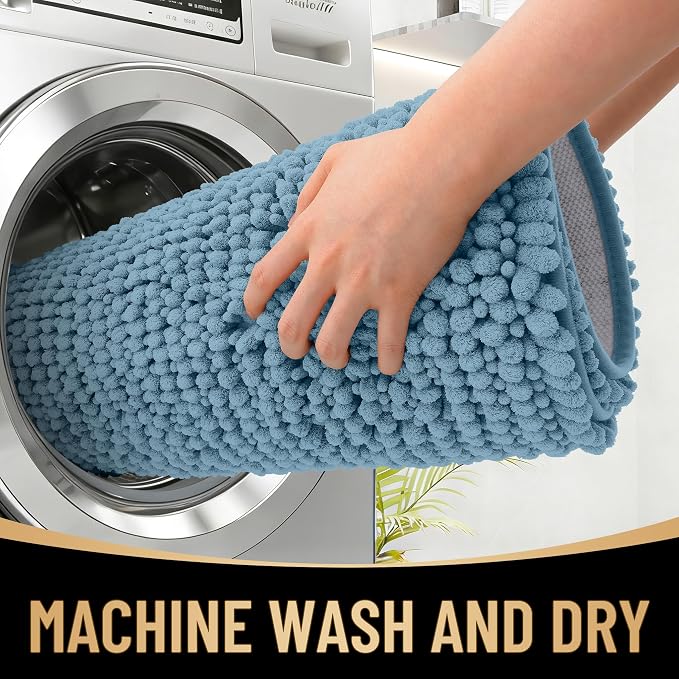 OLANLY Thick Bathroom Runner Rugs 47x17, Extra Soft Absorbent Chenille Bath Rugs, Rubber Backing, Machine Wash Dry, Long Bath Mats for Bathroom Floor, Tub and Shower, Home Decor Accessories, Airy Blue