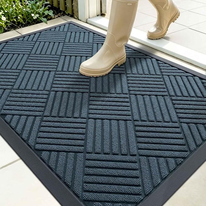 OLANLY Front Door Mat Outside Entrance 35x23, Absorbent, Heavy Duty Sturdy Natural Rubber Doormat Indoor Outdoor, Stain Fade Resistant, Non-Slip Low Profile Floor Mat for Entryway, Lake Blue Diamond