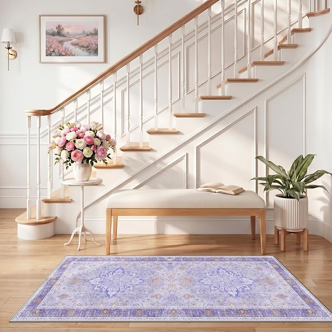 RELEANY Area Rugs Runner 2'6"x5' Washable Non-Slip, Floral Vintage Distress Medallion Carpet for Kitchen Hallway Bedroom Beside Laundry Room Bathroom, Light Purple Brown