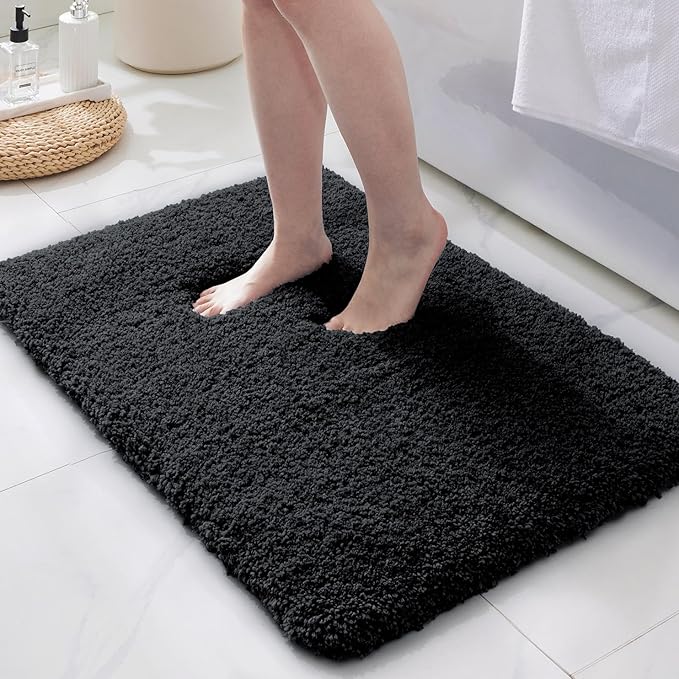 ILANGO Black Bathroom Rugs 36" × 24" Non Slip & Super Absorbent Extra Thick Soft, Washable Bath Mat for Floor, Microfiber Plush Shaggy Bath Rug with Rubber for Bathtub Shower Room Sink