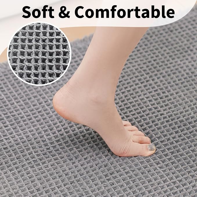 Waffle Bath Mat - Boho Bathroom Rugs Non Slip Washable, Super Absorbent & Quick Dry, Soft Bath Mat Farmhouse Bathroom Decor, 24'' x 48'', Light Grey