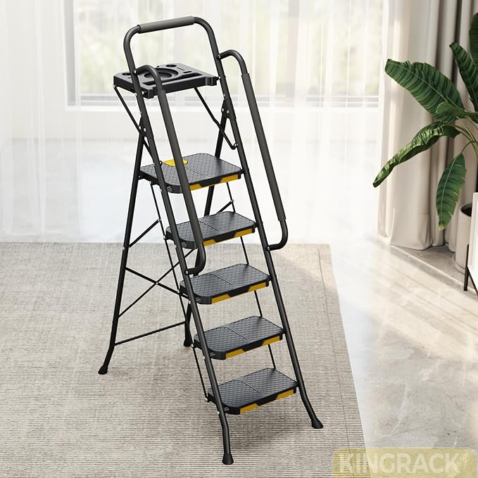 KINGRACK 5 Step Ladder, Sturdy Steel Step Stool with Anti-Slip Wide Pedals, Handrail, Safe-Lock Design, 800lbs Folding Portable Ladder for Multi-Purpose, Home, Kitchen
