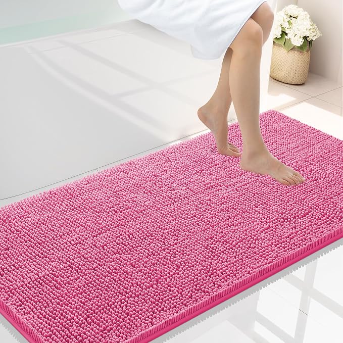 Smiry Luxury Chenille Bathroom Rugs 47x24, Extra Soft and Absorbent Shaggy Bath Mat, Machine Washable, Non-Slip Plush Carpet Runner for Tub, Shower, and Floor, Home Decor Accessories, Hot Pink