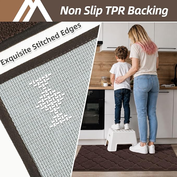 COSY HOMEER Soft Kitchen Rugs [2 PCS] for in Front of Sink Super Absorbent Kitchen Floor Mats and Mats 20x30 Inch/20X48 Non-Skid Kitchen Mat Standing Mat Washable,Polyester,Brown