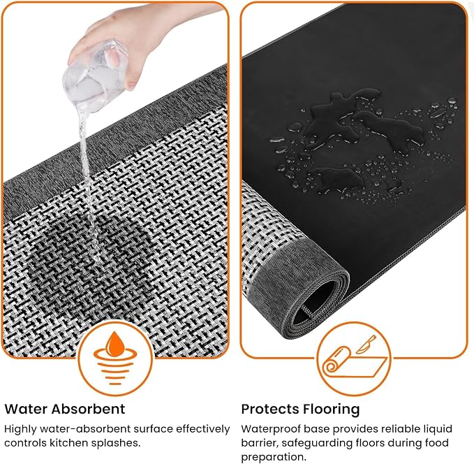 StepRite Kitchen Rugs, Kitchen Mats for Floor, 96"x24" Non-Slip Machine-Washable Kitchen Throw Rug, Absorbent Runner Rugs Office, Sink Standing Desk Mat, Decor Carpet, Grey