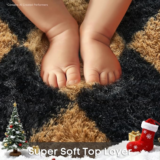 Ophanie 8x10 Black & Beige Diamond Checkered Rugs for Living Room Bedroom, Large Rhombus Fluffy Soft Fuzzy Area Rugs, Plush Shaggy Bedside Floor Carpet for Kids Baby Teen Dorm Home Decor Aesthetic