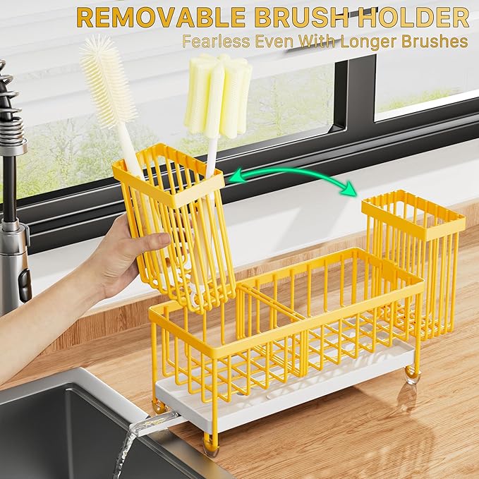 Cisily Sponge Holder for Kitchen Sink, Sink Caddy Organizer with High Brush Holder, Kitchen Countertop Organizers and Storage Essentials, Rustproof 304 Stainless Steel (Yellow, 9.25″)