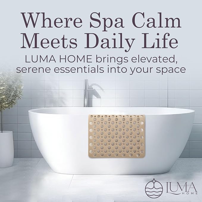 Beige Non Slip Shower Mat and Bathtub Mat TPE Strong Suction Cups Aesthetic Bath Mat for Inside Shower with Soft Texture, Quick-Dry Drain Holes, Spa-Inspired Design 30x17” (75x43 cm)