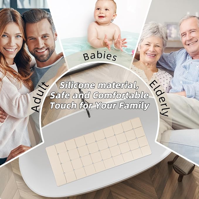 Bathtub Mat Non-Slip Silicone Soft Odorless Large Bath Mat No Suction Cups for Refinished,Reglazed and Textured Shower Mats Non Slip Extra Long Tub Mat (16x40inch Beige)