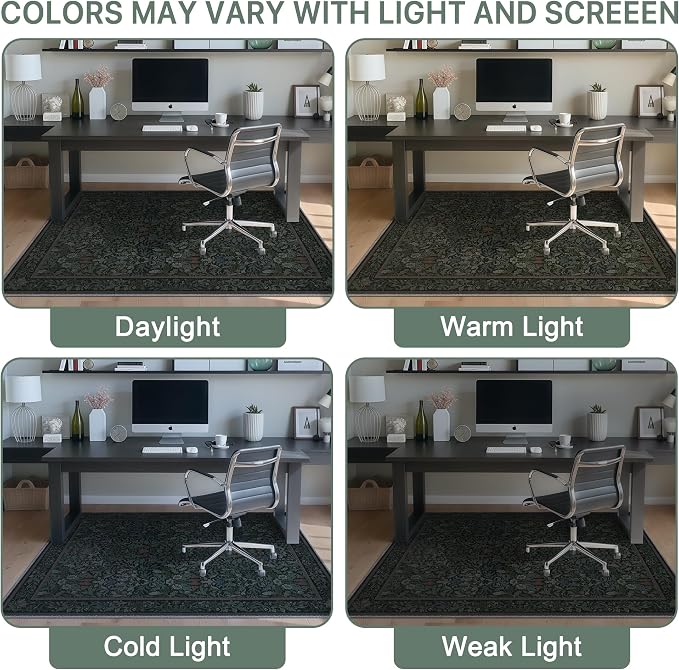 48"x60" Office Chair Mat for Hardwood Tile Floor, Under Desk Carpet Protector for Rolling Computer Chair Mat, Machine Washable Area Rug, Anti-Slip 1/5" Thick Low Pile Thin Vinyl Floor Mat, Dark Green