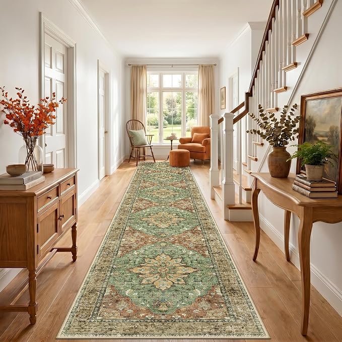 RELEANY Area Rugs Runner 3'x20' Washable Non-Slip, Floral Vintage Distress Medallion Carpet for Kitchen Hallway Bedroom Beside Laundry Room Bathroom, Terracotta Burnt Orange Green