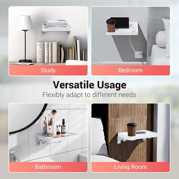 KIWIFOTOS 12.9" Floating Bedside Shelf for Bed Foldable Wall Mounted Shelf Adhesive Tablet Phone Storage Organiser for Bedroom Nursery Dorm Living Room