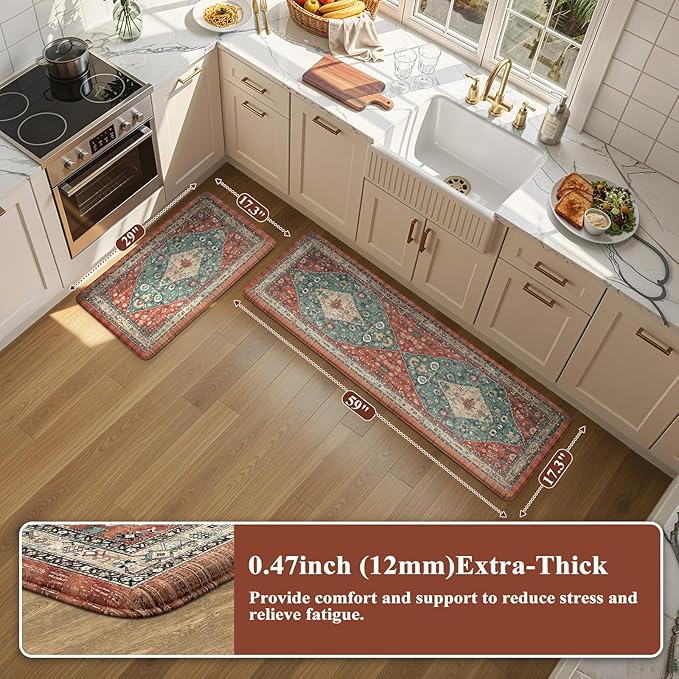 Collive Boho Kitchen Mat 2PCS, Cushioned Anti Fatigue Kitchen Mats for Floor Waterproof Kitchens Rugs Set of 2, Non Slip Comfort Standing Mat for Office, Sink, Laundry, 17.3"x29"+17.3"x59"