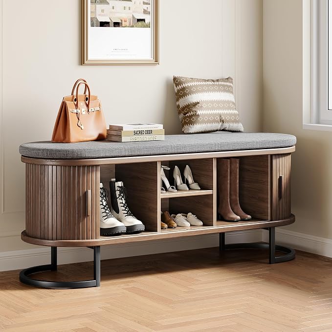 Decofy Storage Bench with Cushion and Sliding Doors, 47.2 Inch Large Entryway Shoe Bench with Sturdy Metal Feet, Multi-Functional for Entrance Hall, Bedroom, Living Room (Walnut)